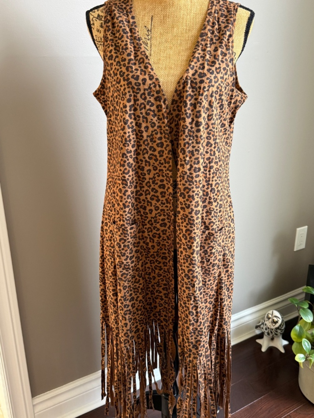 Boho Fringed Vest, Festival Duster, Leopard Print, Western Cowgirl Size M NWT